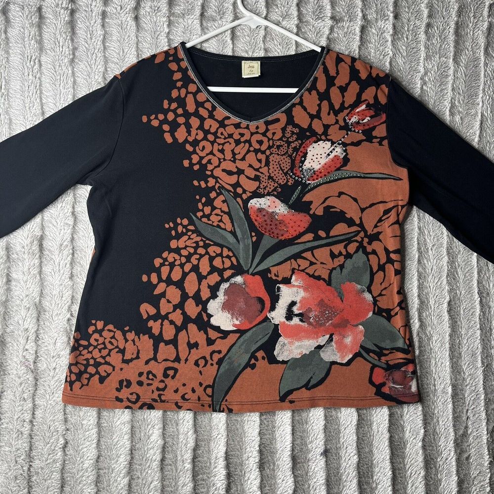 Jess & Jane Wild‎ Tulips Top Shirt Large Cotton Rhinestone 3/4 Sleeve